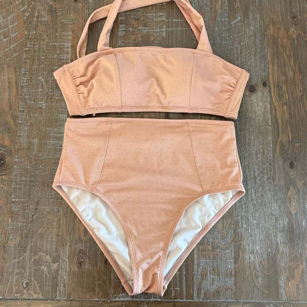 Kona Sol Shimmer Peach High-Waisted Bikini Set